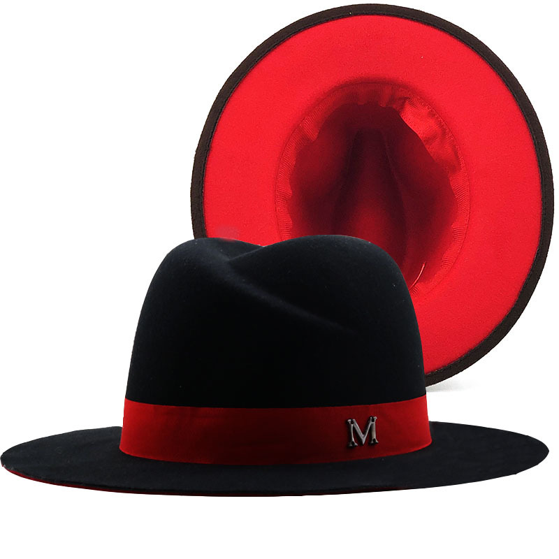Fedora Hat Wool - New Outer Black Inner red Wool