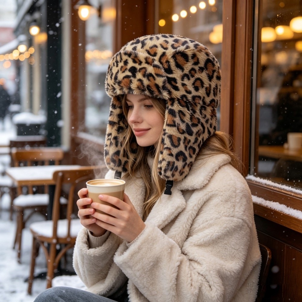 Warm Leopard Print Trapper Hat - Trapper Hat Ear Flap ulasan dan harga