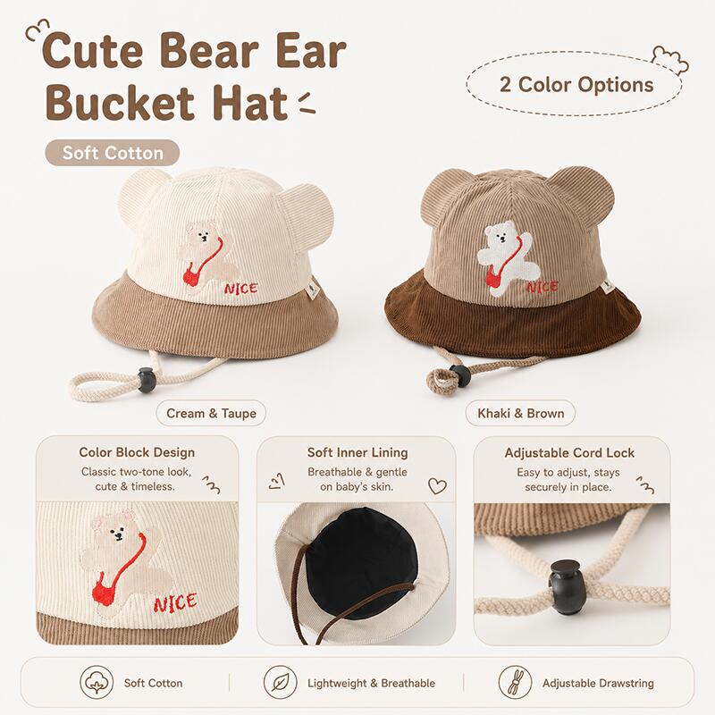 Kids Bear Ear Bucket Hat Soft  - Bucket Hat Cotton ulasan dan harga