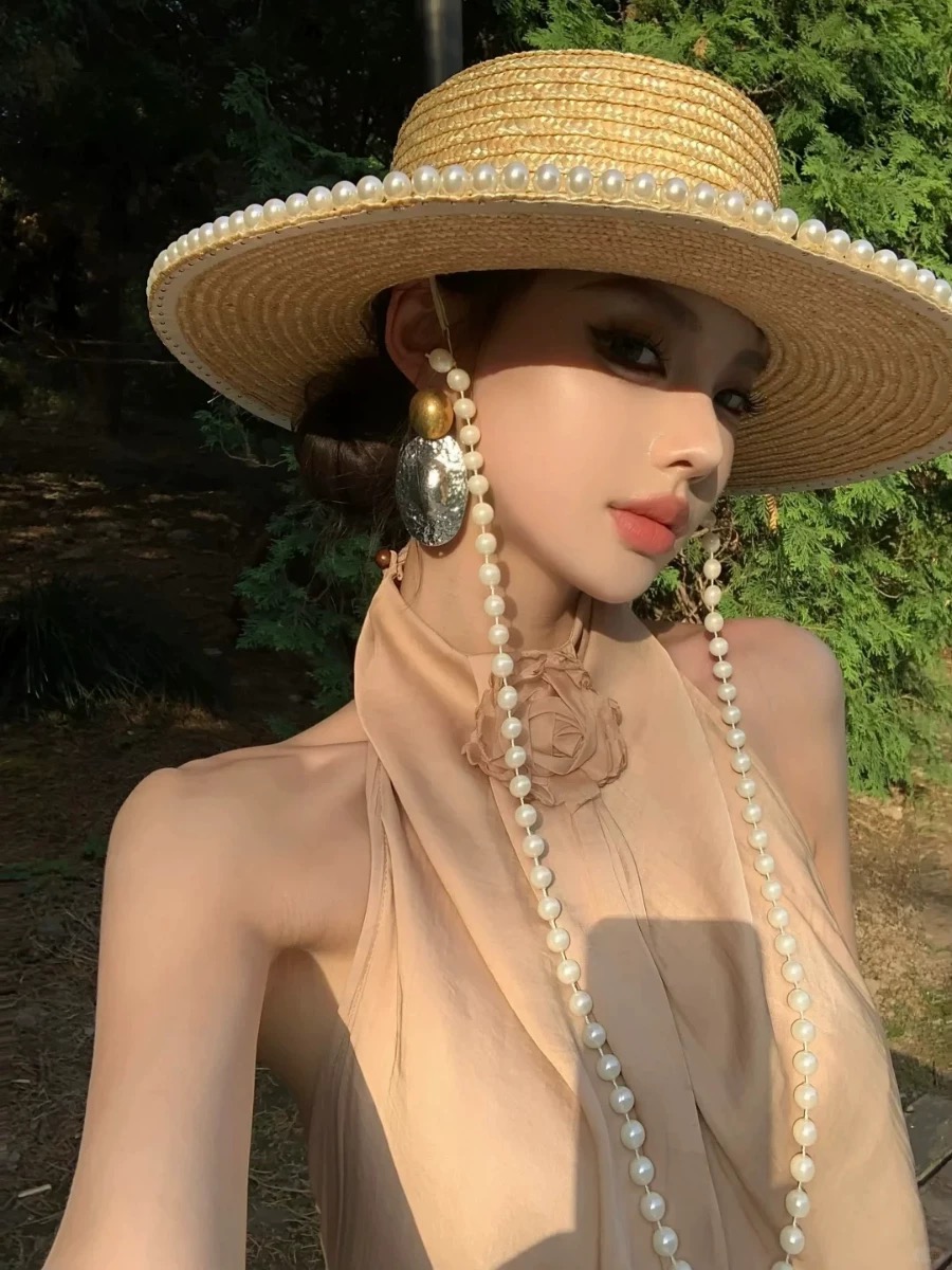 New Summer Fashion Pearl Chain - Cowboy Hat Straw ulasan dan harga