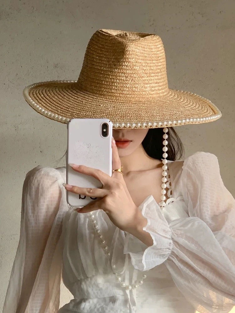 New Summer Fashion Pearl Chain - Cowboy Hat Straw ulasan dan harga