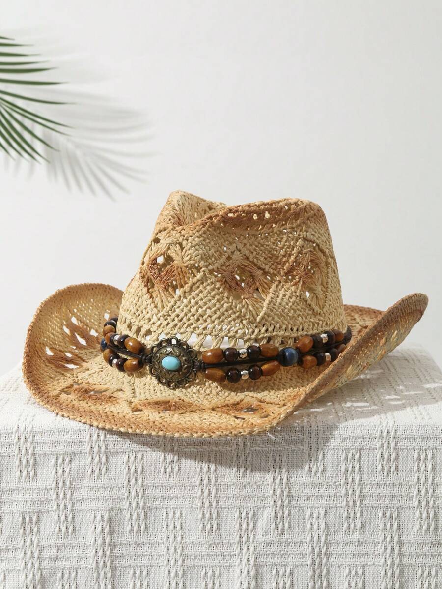 1Pcs Unisex Bead Decor Dyeing  - Cowboy Hat Straw ulasan dan harga