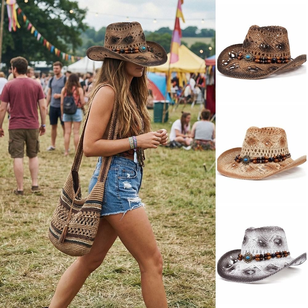 Retro Wide Brim Western Cowboy - Cowboy Hat Straw ulasan dan harga